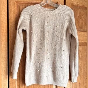 Beige pearl embellished crewneck women’s sweater, size S